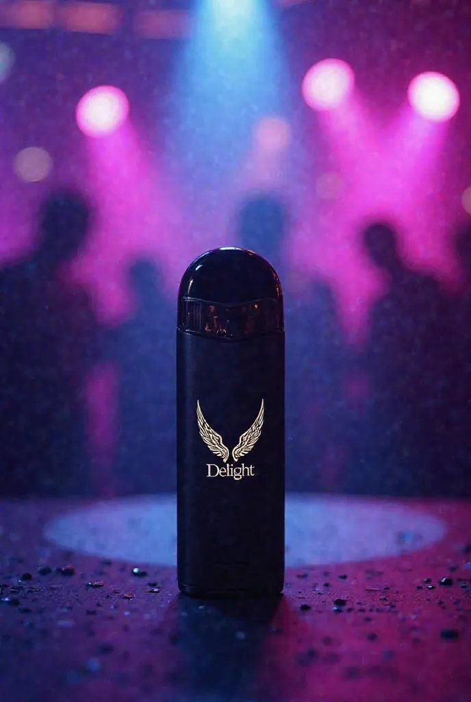 The black pod vaporizer, with the angel wings logo and the word "Delight"  in the spotlight,  Positioned in the center of the image .
In the background, a vibrant club, illuminated by neon lights in shades of purple, blue and pink, with an energetic party ...