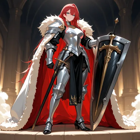 masterpiece,best quality,Very accurate,woman,lady-knights,anime,luxurious heavy armour,luxurious cloak,fur trim,sword,large shield,