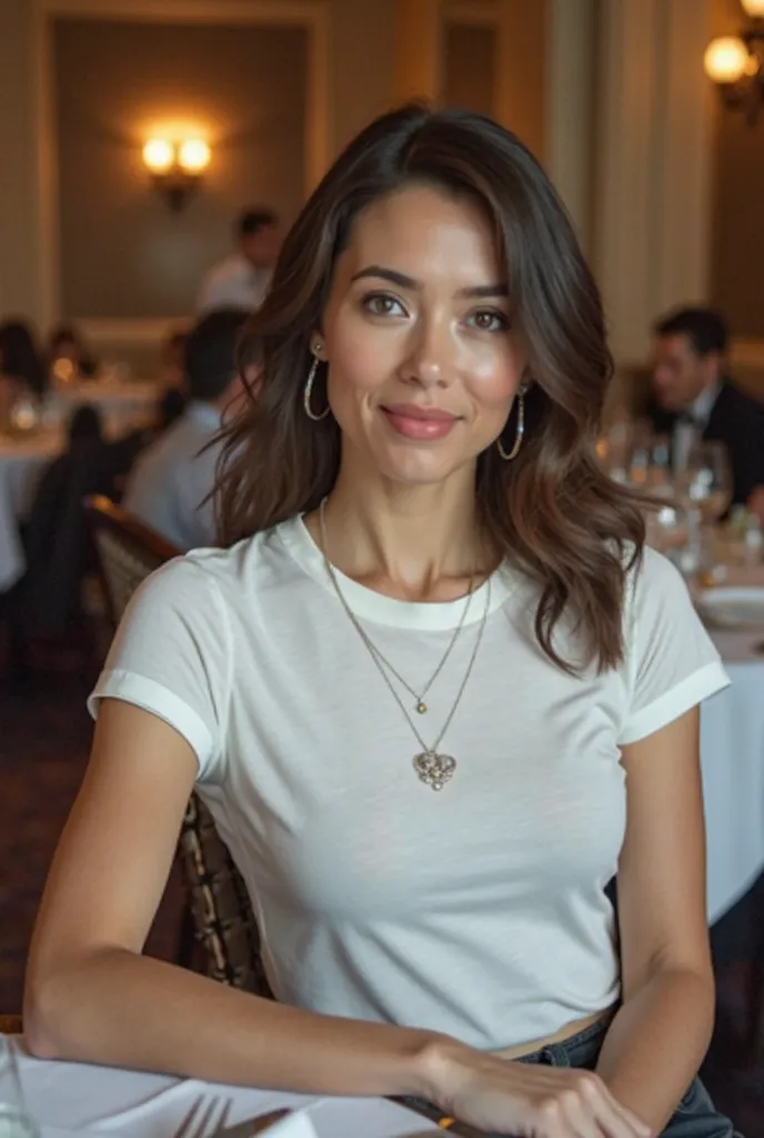 woman in a restaurant, formally dressed, in t-shirt