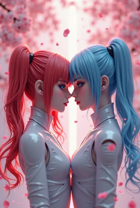  ( bestquality,4K,8k, highres,masterpiece:1.5),ultra-detailed,(realistic,photoRealistic,photo-realistic:1.4),HDR,UHD,A surrealist-style abstract painting of two girls, androids A and B, surrounded by many cherry blossom petals、
A
red haired girl with twin ...