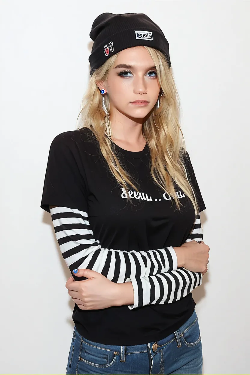 1 girl, solo, black short sleeve t-shirt, layered sleeves, white long sleeves, jeans, Kesha, blonde hair, blue eyes, black t-shirt over white long sleeves, large breasts, striped sleeves, black and white stripes, earrings, arms crossed, beanie, earbuds in