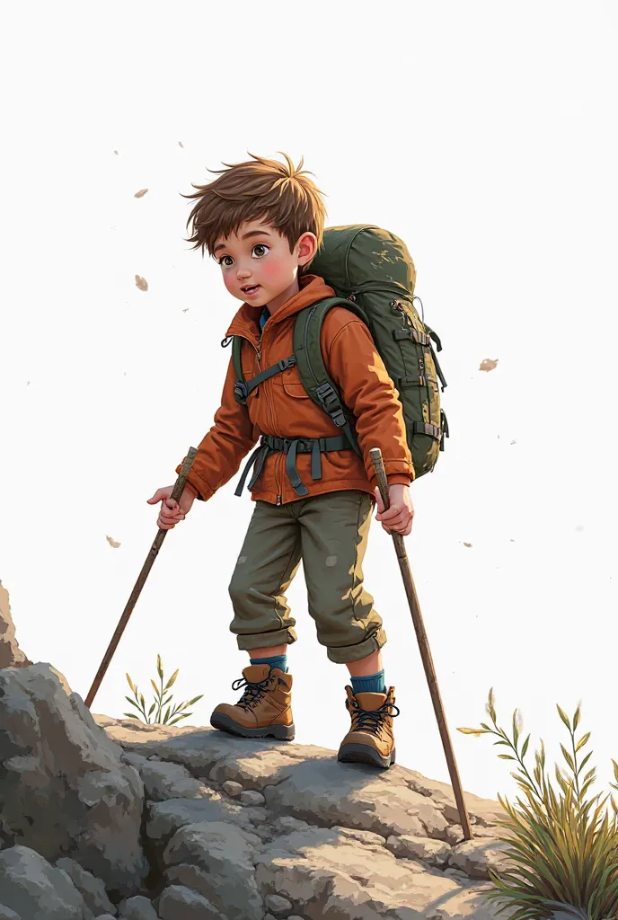 Boy hiking white background 