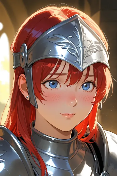  long red hair , blue eyes,Wearing a bit of medieval armor,silver armor,natural picture,ashamed, blush,