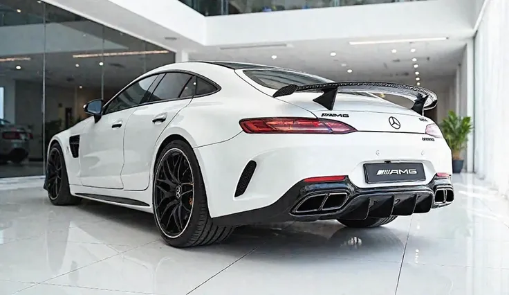 Back SIDE view of  white with shiny clour 2025 Mercedes Benz AMG gt 63 sleek in large shape sedan in large size with Mercedes logo on its large detailed grille in shiny white clour with angular sporty design captured from close back SIDE view with modified...