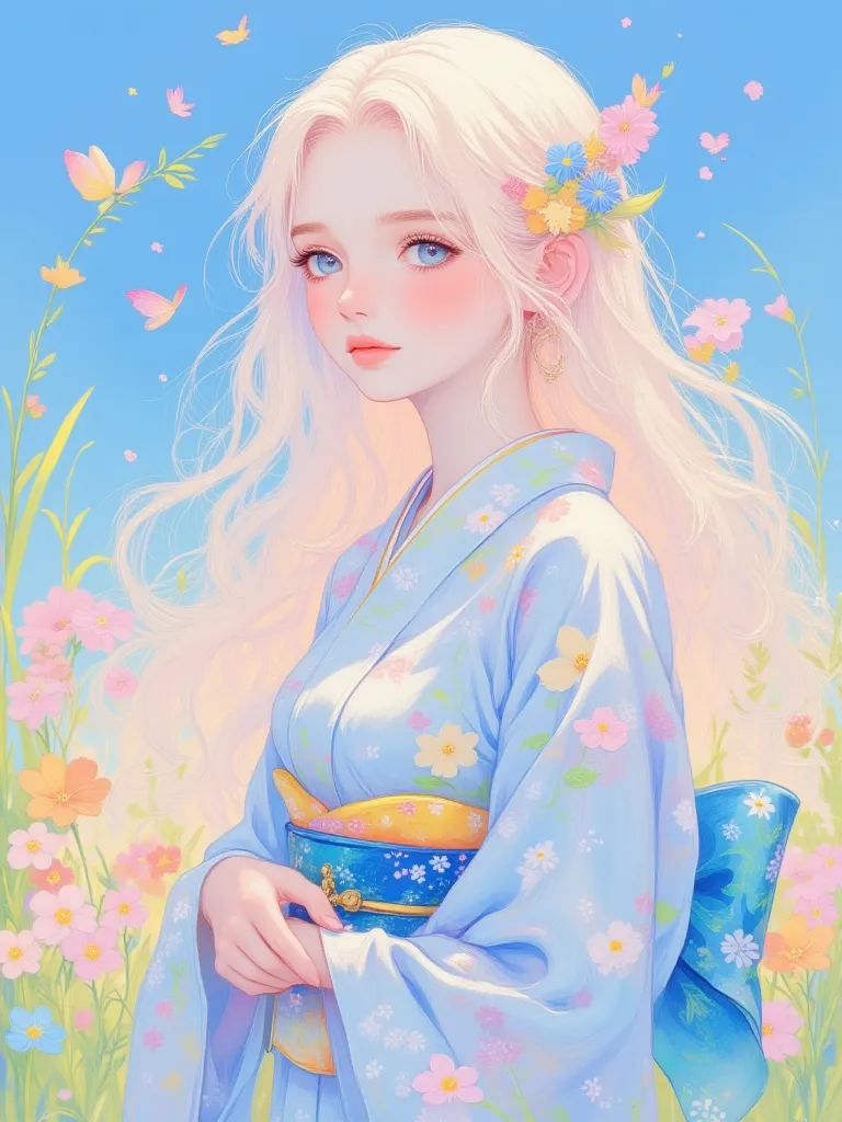 Young and beautiful woman in kimono, autumn outfit, traditional Japanese beauty embodied in kimono, pale navy blue floral pattern, bright colors, anatomically beautiful body,, colorful flower field, blue sky, perfect depiction, detailed anime art, CG,