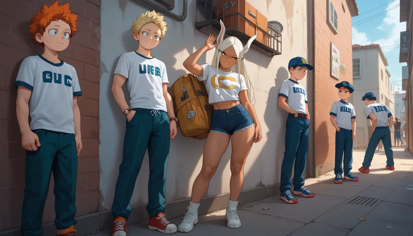 alley, shota, shotacon, five boys hot woman, she is wearing a white t-shirt and white thong, she is pressing a boy against the wall, boy is against the wall, she is looking at the boy with a naughty face, Mirko Boku no hero academia
