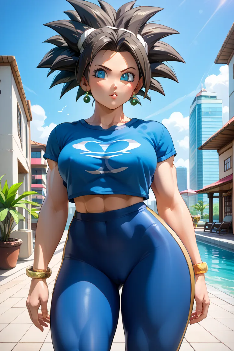 (Black line work  )),  detailed line work ,  Slim abdomen, (( masterpiece)), ((proporción áurea)), ((dynamic)), ((natural)) (( la better quality )), (( flap of hair )), ((  kefla dragon ball super  )), { a woman}, {Neon blue hair}, { Super Saiyan style }, ...