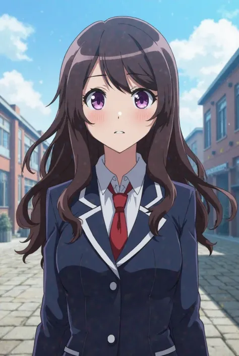 My hero academia Screenshot Screencast, Girl about  Long, wavy dark brown hair with a side swept bang, purple eyes, UA academy uniform clothes 