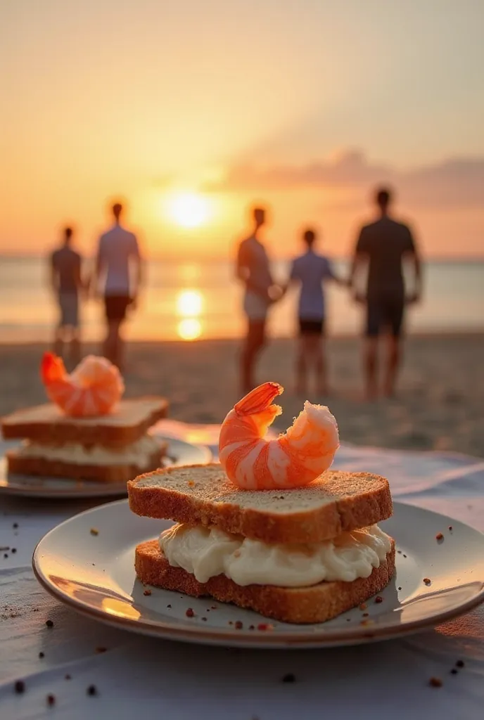 Create an attractive image for a shrimp mousse sandwich in the background at sunset on the beach where a group of people go out enjoying with the family. On a simple but elegant plate on a table where you can see the toast, the creaminess of the shrimp mou...