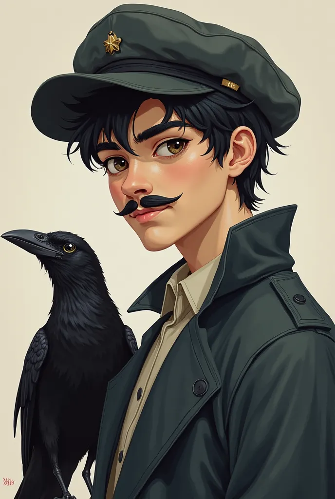 William, a dark-haired boy with a mustache and a cap, who likes the black bird