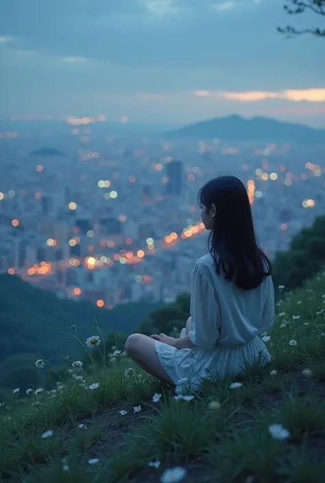 A Korean girl sits on a hillside to enjoy the city at dusk