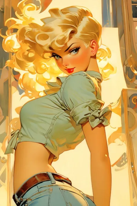 Blonde Girl in jeans, waist back view, akimbo, art by J.C. Leyendecker . anime style, key visual, vibrant, studio anime, highly detaile