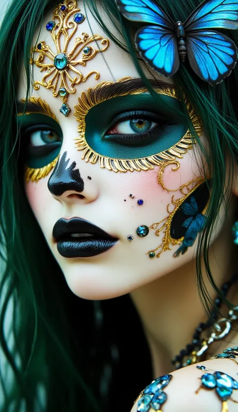 A captivating woman A face adorned with makeup or complex, resembling a decorated skull, often associated with Day of the Dead celebrations, art with detailed gold designs adding an ornate touch with white skin speckled with gemstones, contrasting with her...