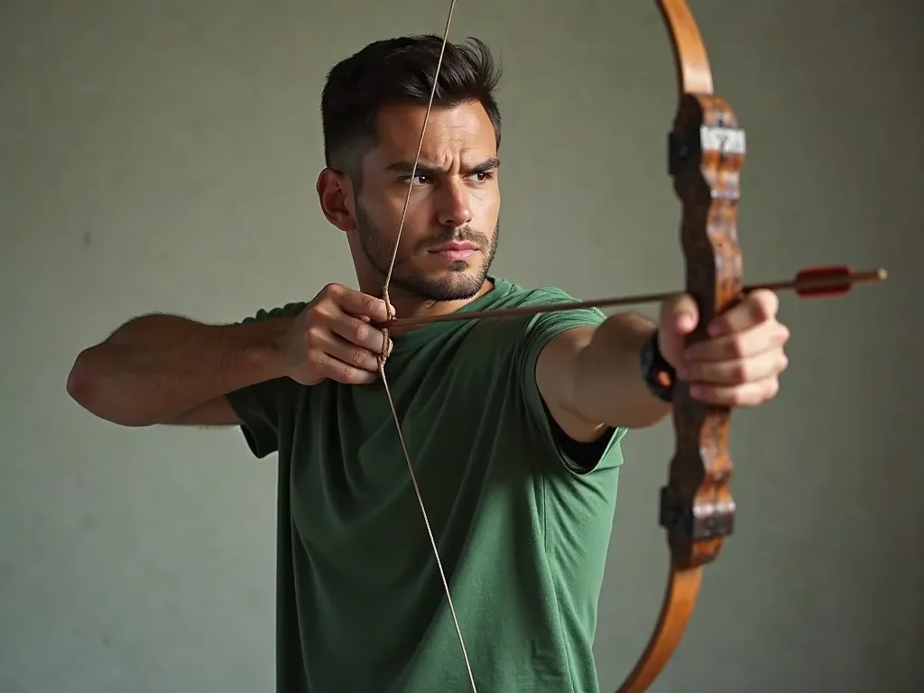 Realistic full-body portrait of a man wearing a plain green t-shirt, standing in an archery pose with a bow and arrow, focused expression, athletic build, detailed muscle tension, soft lighting highlighting the green t-shirt, blurred neutral background, ci...