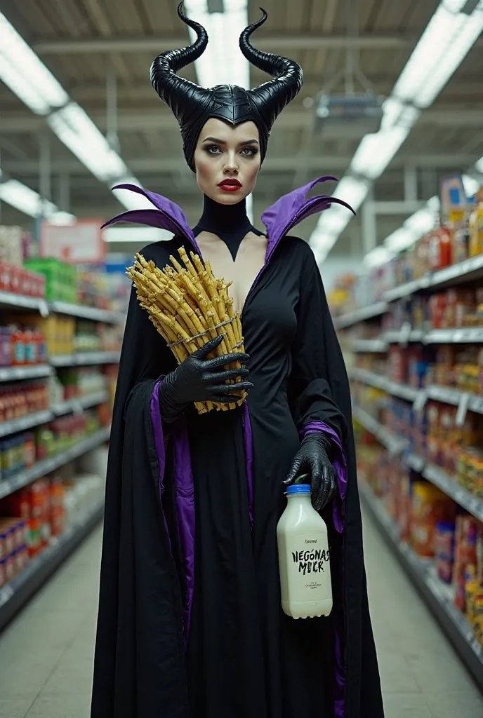 Maleficent at the supermarket holding cassava and a bottle of milk written on the Negona's milk label