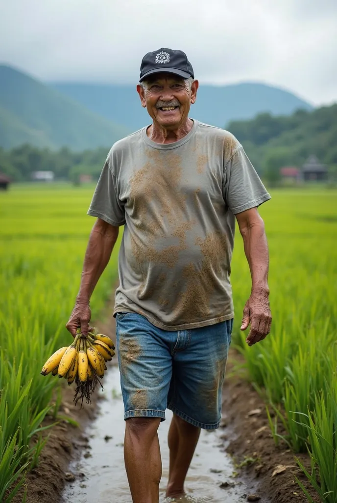 indonesian man,  40 years old ,   clean face , rather chubby , wear a black sports hat ,  old ash t-shirt ,  blue jeans shorts, thin smiley expression ,I was carrying a banana.,  looks wet with mud,rice field landscape background , mountains ,realistic pho...