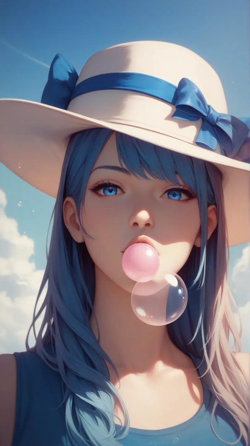 masterpiece, 8k, highest quality, top quality, detailed, 1girl, solo, long_hair, looking_at_viewer, bangs, blue_eyes, hat, blue_hair, upper_body, sky blue_background, portrait, bubble, blue_theme, bubble_blowing, chewing_gum