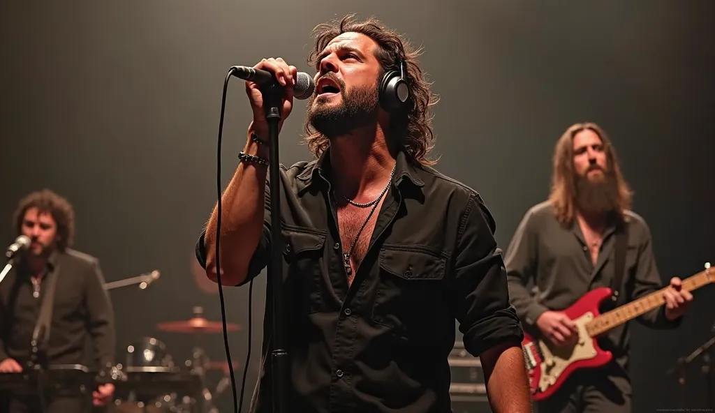 Rock singer with earphones and mic in hand singing in the background other musicians beards because they look very similar to a well-known rocker sitting very close to his face the image 