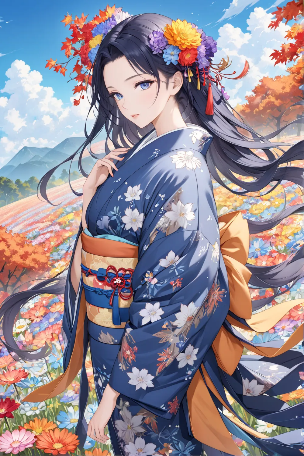 Young and beautiful woman in kimono, autumn outfit, traditional Japanese beauty embodied in kimono, pale navy blue floral pattern, bright colors, anatomically beautiful body,, colorful flower field, blue sky, perfect depiction, detailed anime art, CG,