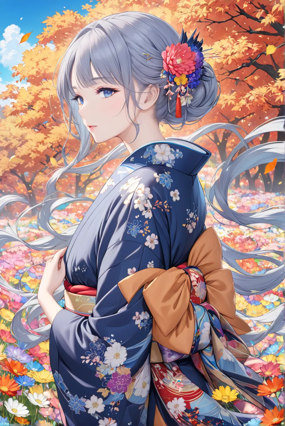 Young and beautiful woman in kimono, autumn outfit, traditional Japanese beauty embodied in kimono, pale navy blue floral pattern, bright colors, anatomically beautiful body,, colorful flower field, blue sky, perfect depiction, detailed anime art, CG,