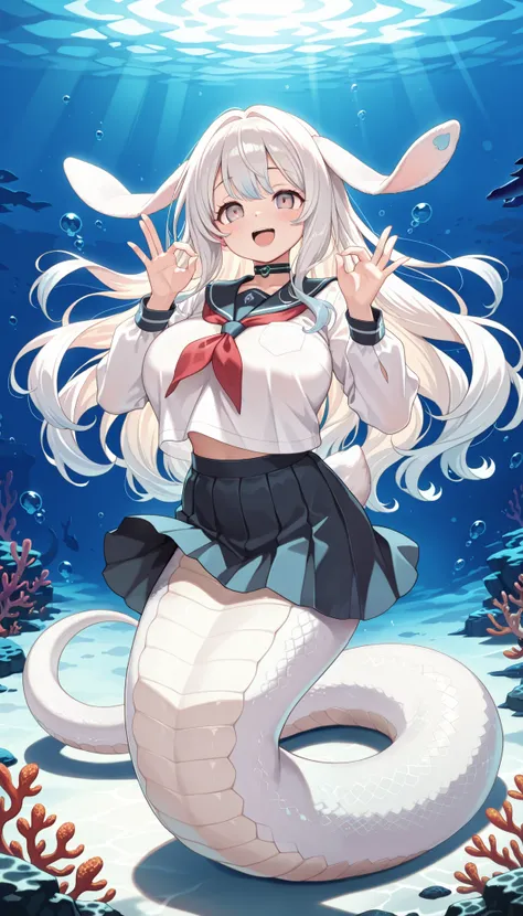 1 Girl, Big Breasts ,malice pawn march hare, rabbit ears, alone, Smile,  open mouth ,Black collar, school uniform, skirt,(Underwater:1.2),Full body picture, masterpiece,is best,amazing quality,is very beautiful,Ridiculous, lamia,white snake girl tail,Love ...