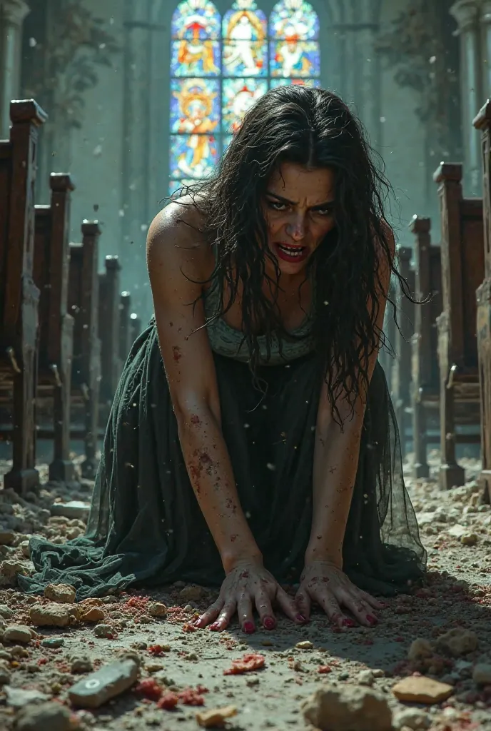 Woman tearing herself up looking at the floor in a destroyed church 