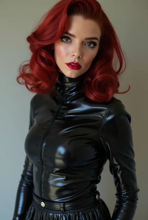 elegant red hair, lip botox injections, extremely shiny deep red lip gloss, eyeliner flicks, latex rubber fetish outfit with shirt and pleated mini skirt, student