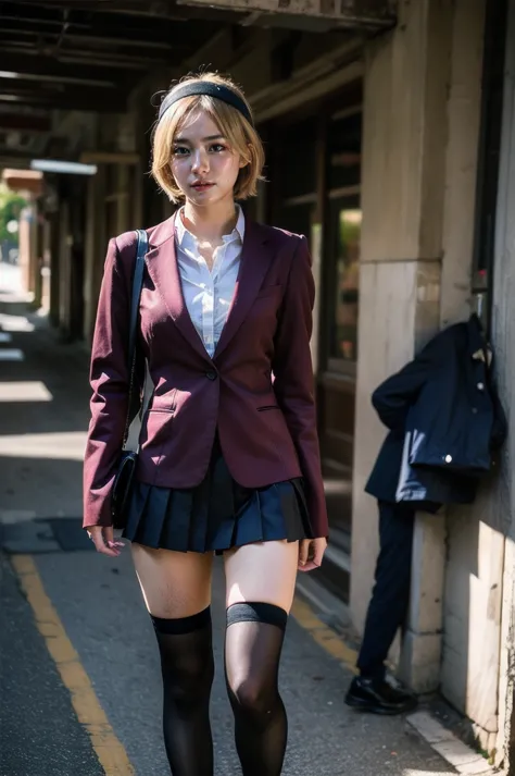 1 girl, full body photography, athletic, blonde hair, school uniform, gray cut suit jacket, Satoko, mid-short hair, wide hips, Volumetric lighting, best quality, masterpiece, intricate details, tone mapping, Sharp focus, hyper detailed, trending on artstat...