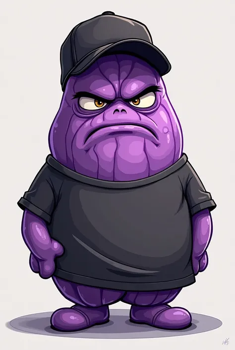 purple cartoon serious melon. wearing a cap and a black t-shirt 