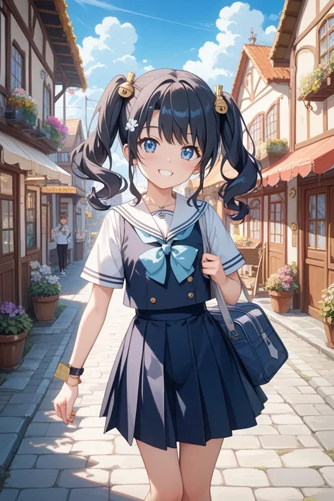 Clear blue sky like soda, glass town, a girl in a black haired sailor suit is walking down the road that far, smiling Seishun Ao 