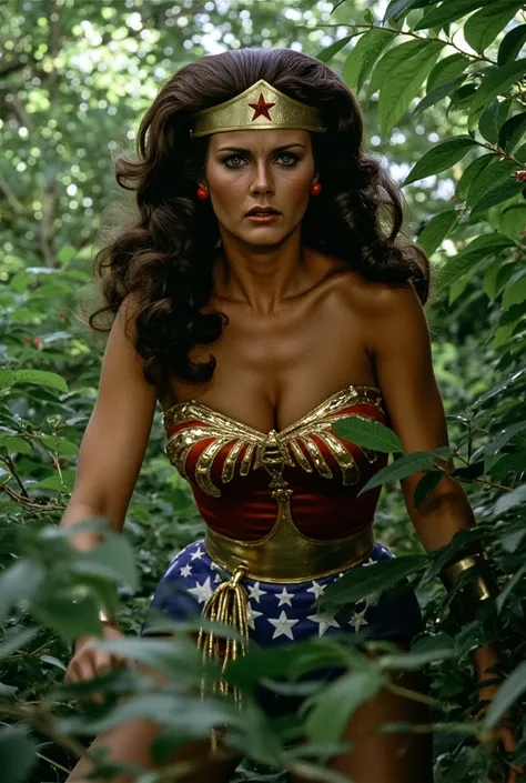 full body photo of a Wonder Woman crawling, hide in dense bush, frightened.