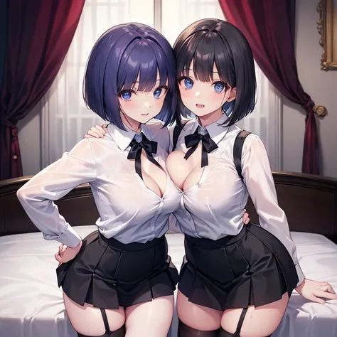 Two girls, garters, K resolution,((Best Quality)),Ultra-high resolution ,women, (Expressionless), (blue purple eyes), A beautiful, symmetrical face, ( black hait bob cut), white shirt, black short skirt, school girl,Realistic:1.4,Realistic:1.4,(masterpiece...