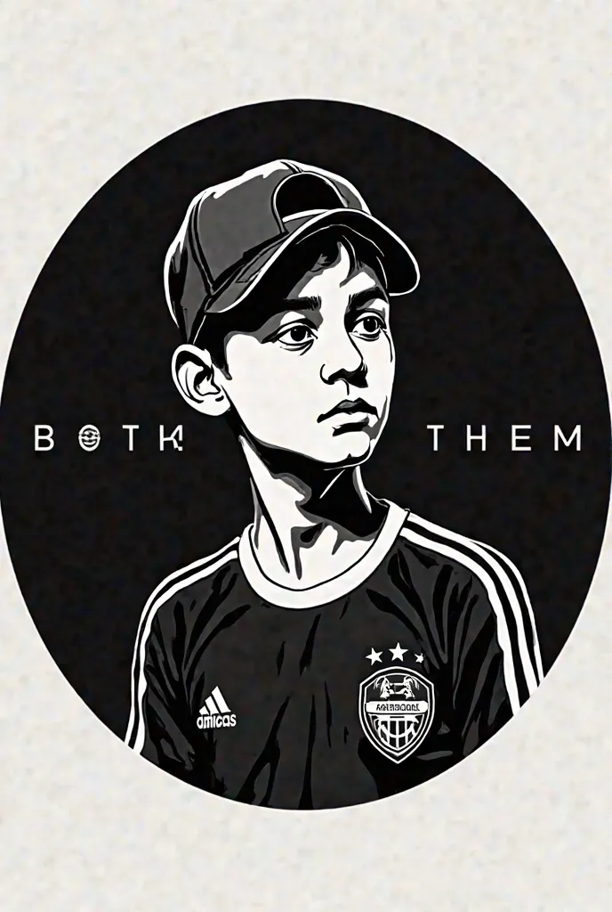 I draw a circular and 2D logo. The background color is black and inside there is the face of a young adolescent wearing a cap and wearing an Emelec soccer team t-shirt. minimalist style.  Around it appears the word  "both of them" Man has to be