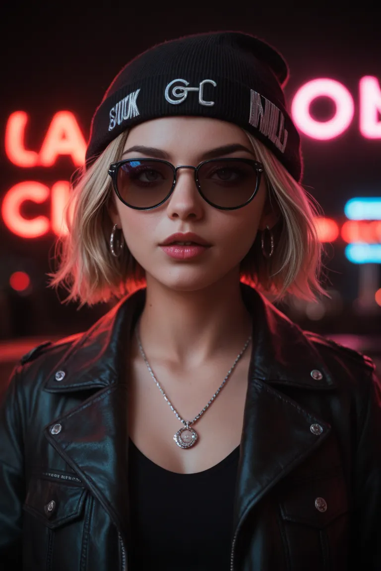 Face close up, alternative girl, watching over black sunglasses, jacket, necklace, neon light reflections on skin, ear ring, makeup, skin imperfection, short hair, beanie, neon lights background, low light, depth of field, highly detailed, high contrast, f...