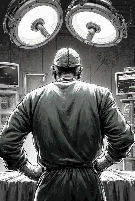 A manga panel showing a surgeon during an operation from behind showing how intense it is to be a surgeon