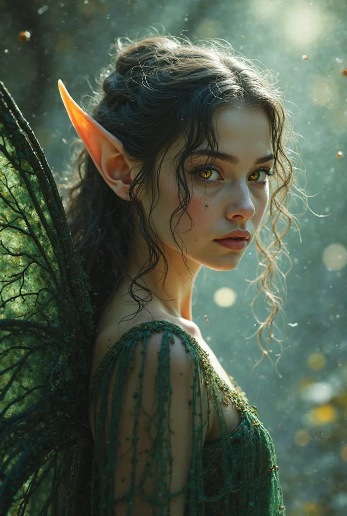 A  girl half fairy half elf with transparent gold eyes, The wings as if they were Maleficent's 