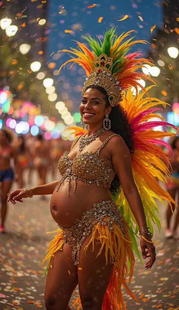 "A radiant pregnant woman, wearing a vibrant and glittering costume, parading during the Rio de Janeiro Carnival. She wears a splendid samba costume with colorful feathers, shining stones and a golden crown adorned with tropical feathers. Her face expresse...