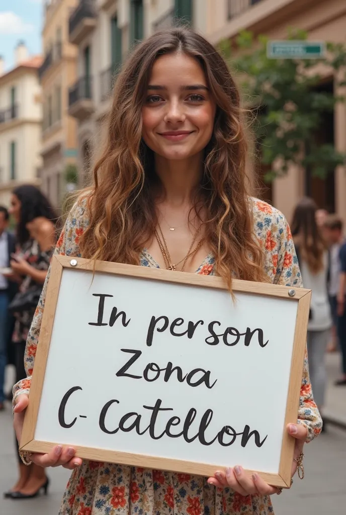 Beautiful girl with long wavy hair, bohemian dress, holding a white board with text "In person Zona Castellón" y showing it to the spectator