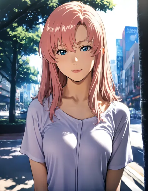 1girl, lacus clyne, gundam, year 2016, upper body, casual clothes, Shibuya, street tree, morning sunshine, masterpiece, high score, great score, absurdres, 16k, super detail