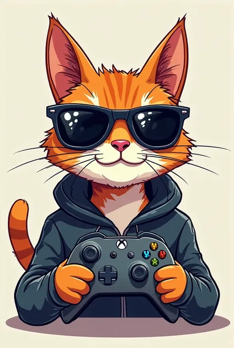 Gato gamer cartoon for logo that is fashionable with dark lenses pose in profile that has an Xbox joistick in his hands.