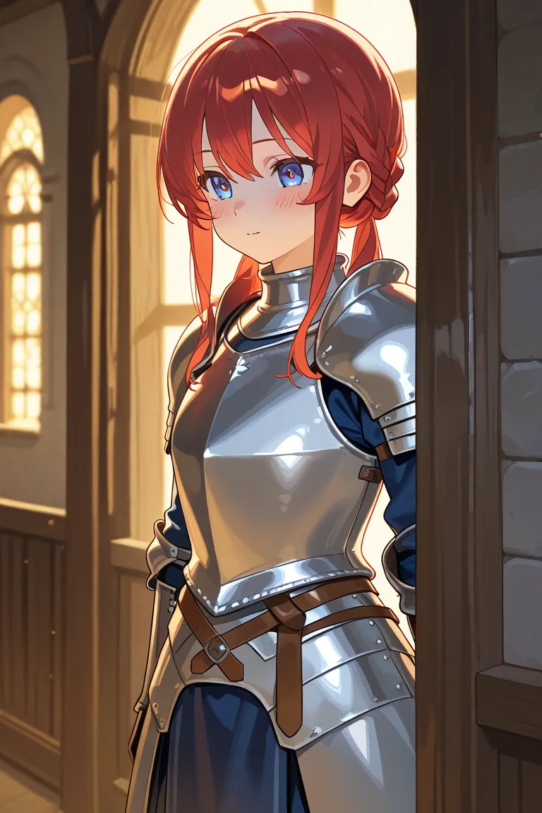  long red hair , blue eyes,Wearing a bit of medieval armor,silver armor,ashamed, blush,terribly embarrassing