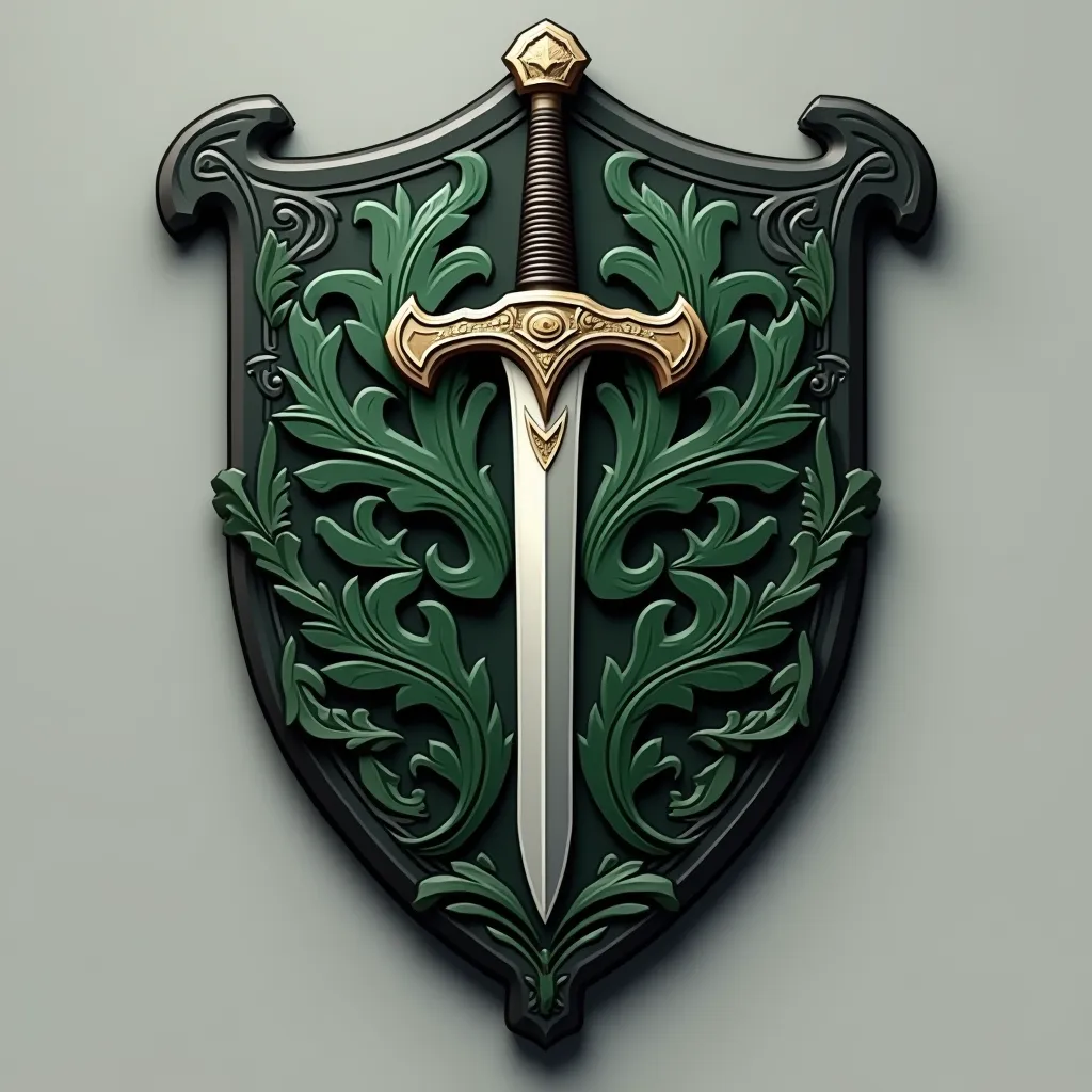  Medieval coat of arms , With a 2d aspect, no shadows, no texture. With plenty of details in dark green and gray colors. The symbol of the coat of arms is Oak and the Sword. Game of Thrones coat of arms style. 