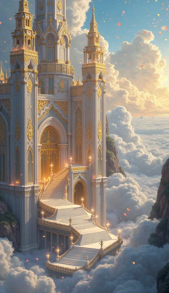 **Prompt:**  
"A heavenly palace shines among the ethereal clouds, their grand architecture adorned with gold details and mystical carvings. Its elegant towers are Go toward the infinite sky, illuminated by a divine light that crosses the extended fog. Flo...