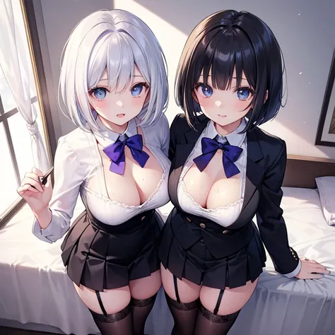 Two girls, garters, K resolution,((Best Quality)),Ultra-high resolution ,women, (Expressionless), (blue purple eyes), soft sunlight , A beautiful, symmetrical face, ( black hait bob cut), white shirt, black short skirt, school girl,Realistic:1.4,Realistic:...