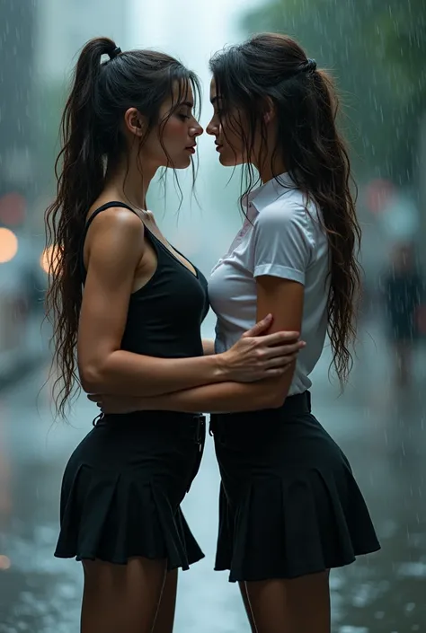 two office girls facing each other in the rain, face to face, mini skirt, big breasts, breasts pressing, wet clothes, hairpulling, hair pull, angry, mutual hug, torned clothes, ripping clothes, legs intertwined