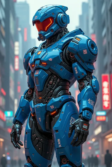 A highly detailed, high resolution full body portrait of an armored space warrior reminiscent of Space Sheriff Shaider (Space Sheriff Scheider) wearing cyberpunk futuristic blue armor with high-tech equipment and gear, in a dystopian cyberpunk city, dramat...