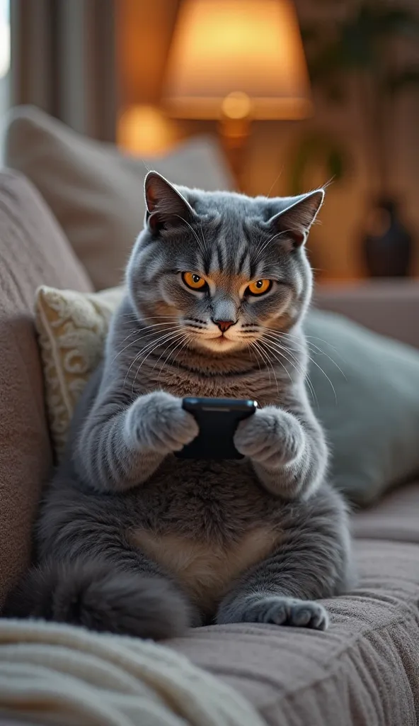 "A realistic gray-haired cat sitting relaxed on a sofa,  soft velvety fabric. Its front legs firmly hold a modern smartphone, as if typing or looking at the screen. The cat has a focused and curious expression, with attentive eyes shining in the soft light...