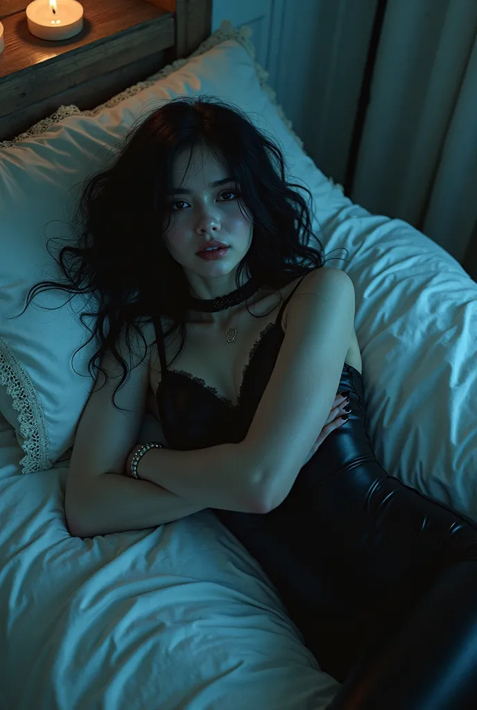 A typical Brazilian goth woman with a little black house and lying in bed with a blue light 