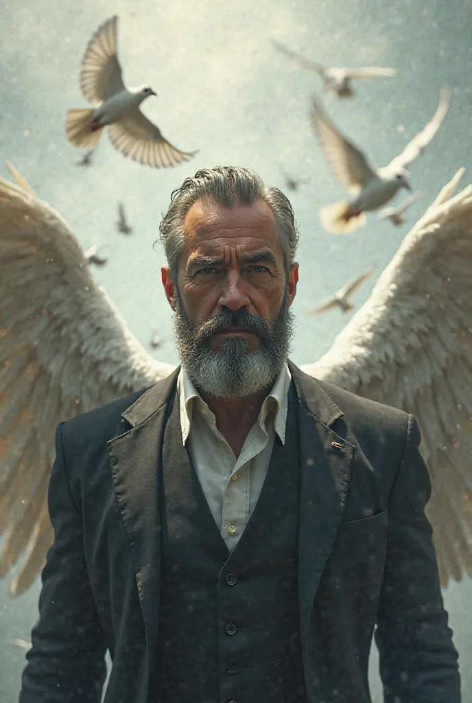 Beautiful man in his 40s with a well-dressed beard smoking a cigarette having angel wings looking right with doves 