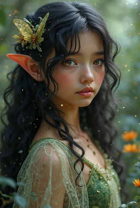 A  girl, half fairy, half elf, with transparent golden eyes, jet-black hair, long and half curly.